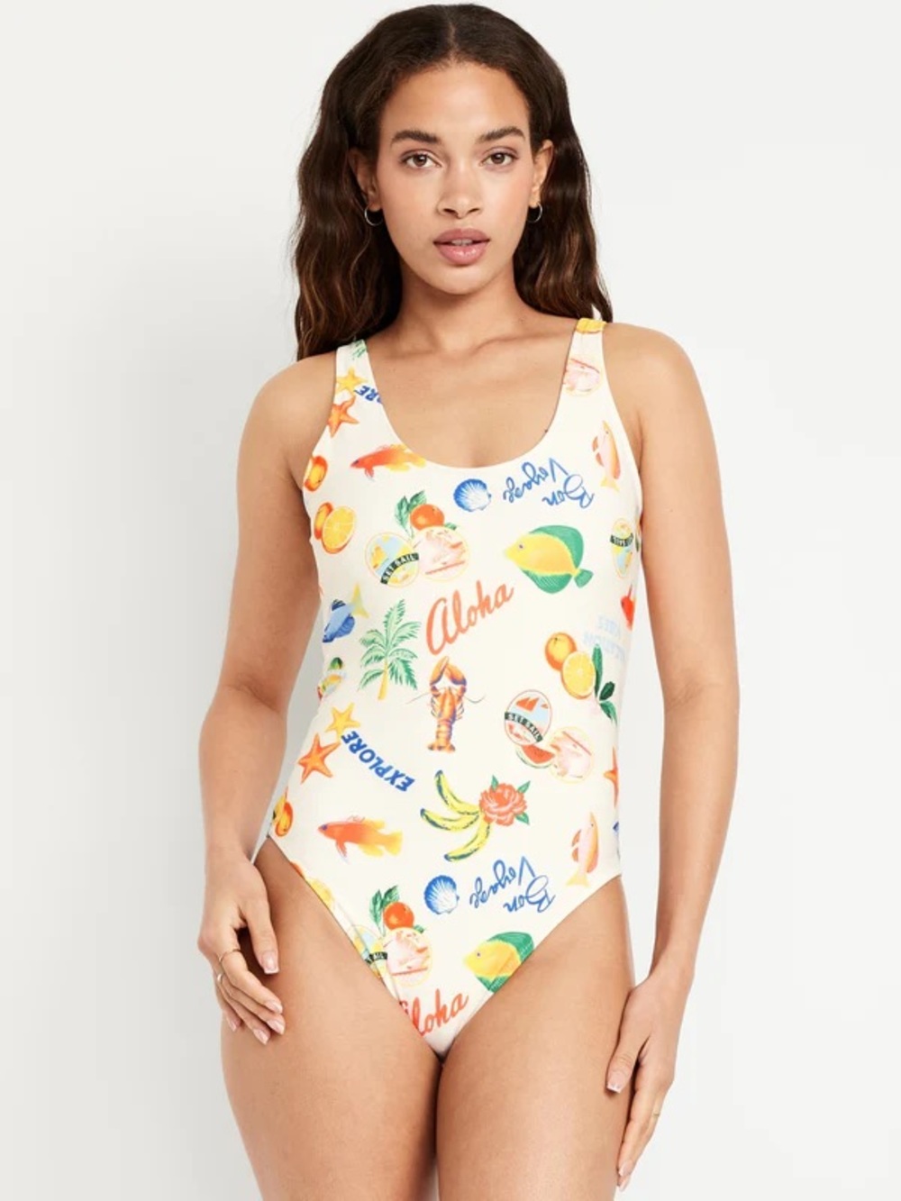 Old Navy Cream Aloha Tropical Print One-Piece Swimsuit